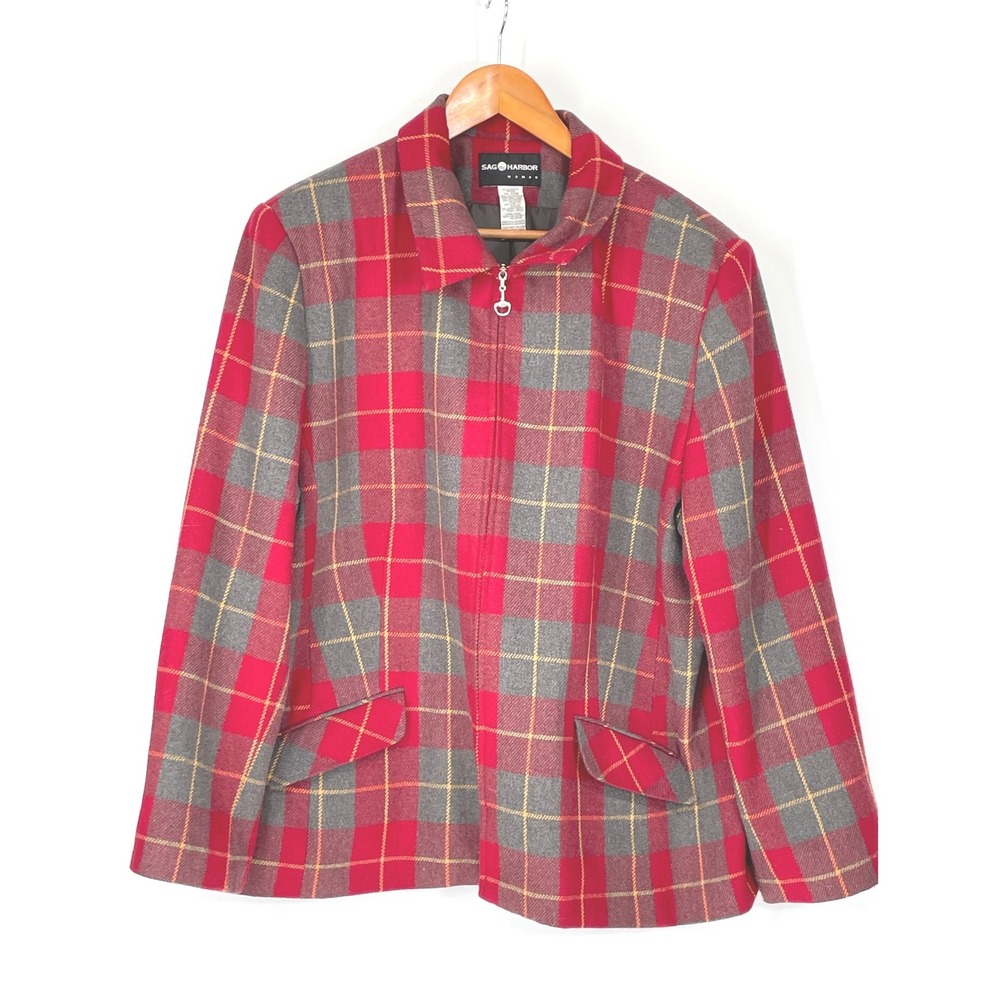 Sag Harbor Women Jacket 22W Zip Front Red Plaid Wool Blend Flap Pockets